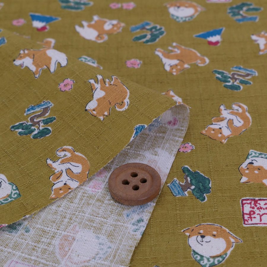 和柄コットン生地 柴犬びより(おうど色) 10cm単位 切り売り 和風柄ドビー生地 和調木綿プリント KOKKAコッカ shiba japan