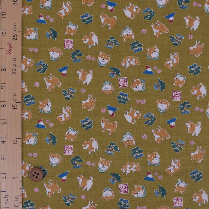 和柄コットン生地 柴犬びより(おうど色) 10cm単位 切り売り 和風柄ドビー生地 和調木綿プリント KOKKAコッカ shiba japan