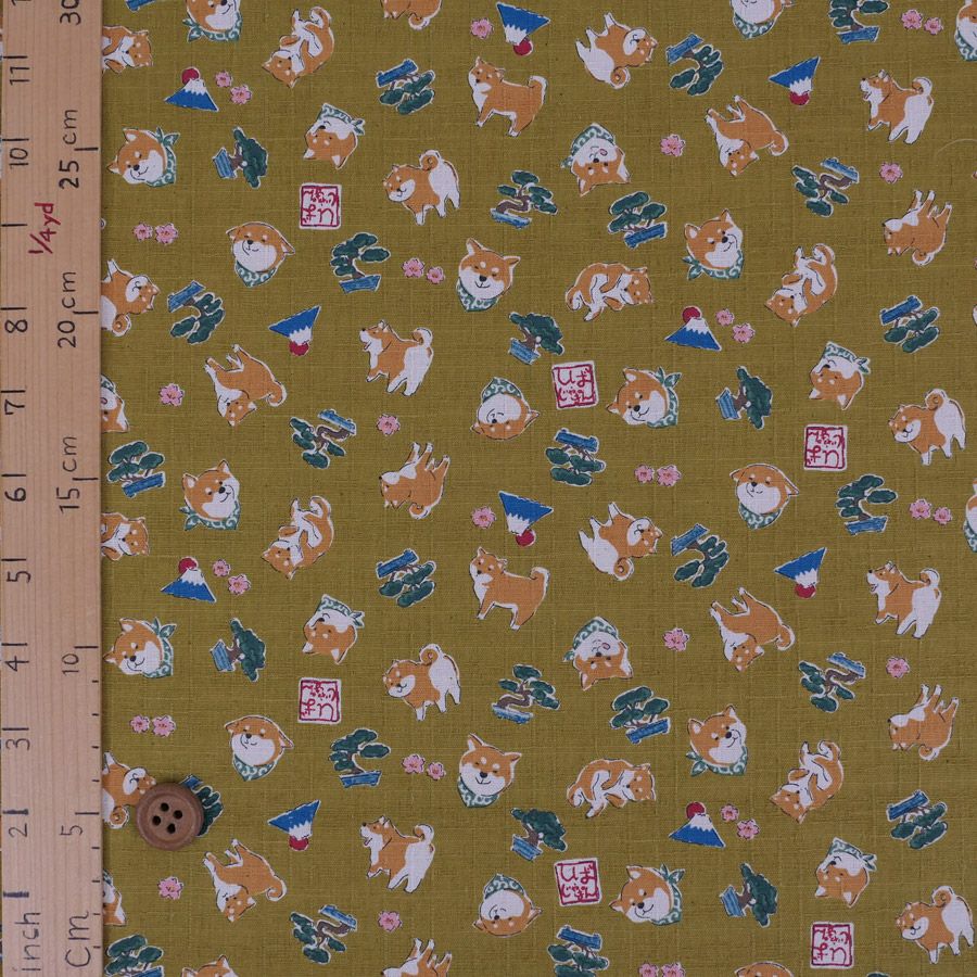和柄コットン生地 柴犬びより(おうど色) 10cm単位 切り売り 和風柄ドビー生地 和調木綿プリント KOKKAコッカ shiba japan