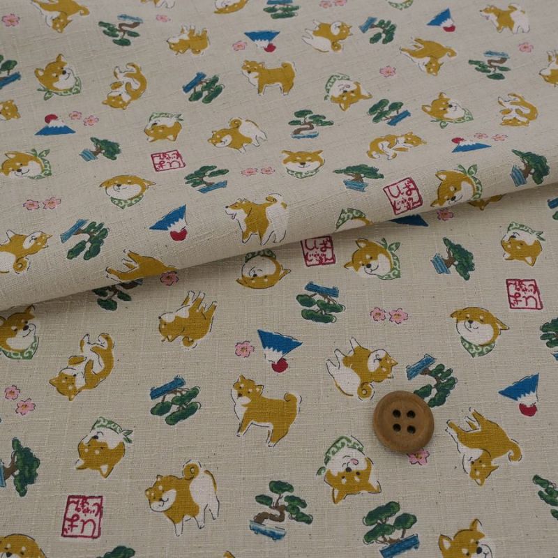和柄コットン生地 柴犬びより(ライトベージュ) 10cm単位 切り売り 和風柄ツムギクロス 和調木綿プリント KOKKAコッカしばじゃぱん