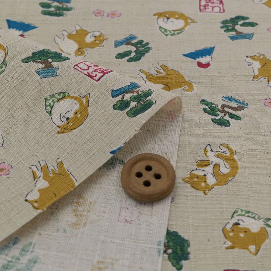 和柄コットン生地 柴犬びより(ライトベージュ) 10cm単位 切り売り 和風柄ツムギクロス 和調木綿プリント KOKKAコッカしばじゃぱん