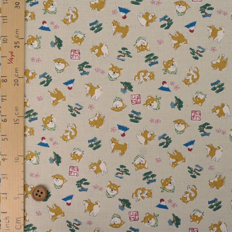 和柄コットン生地 柴犬びより(ライトベージュ) 10cm単位 切り売り 和風柄ツムギクロス 和調木綿プリント KOKKAコッカしばじゃぱん