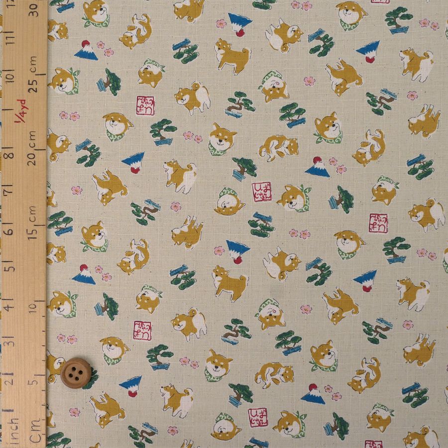 和柄コットン生地 柴犬びより(ライトベージュ) 10cm単位 切り売り 和風柄ツムギクロス 和調木綿プリント KOKKAコッカしばじゃぱん