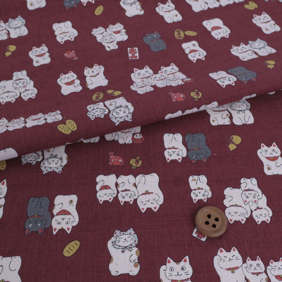 和柄コットン生地 招き猫ファミリー(えんじ色) 10cm単位 切り売り 和風柄ドビー生地 和調木綿プリント KOKKAコッカHappy Cats