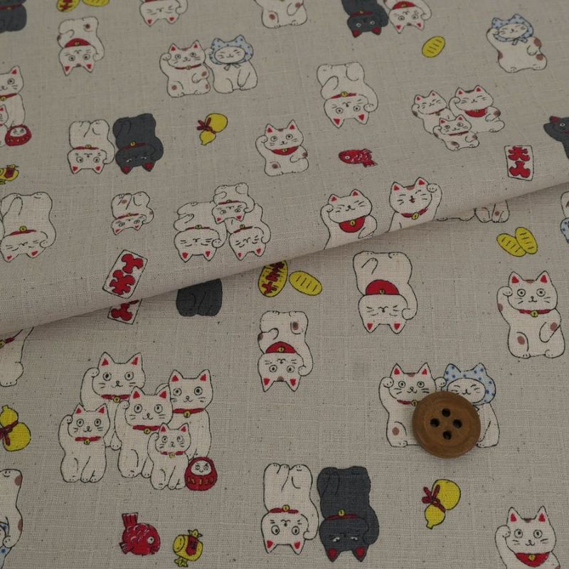 和柄コットン生地 招き猫ファミリー(グレージュ) 10cm単位 切り売り 和風柄ツムギクロス 和調木綿プリント KOKKAコッカまねき猫柄
