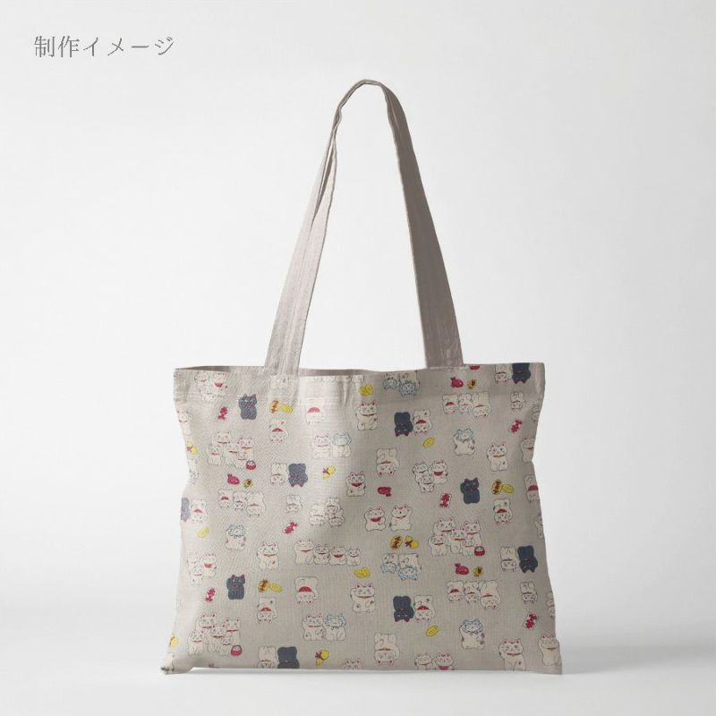 和柄コットン生地 招き猫ファミリー(グレージュ) 10cm単位 切り売り 和風柄ツムギクロス 和調木綿プリント KOKKAコッカまねき猫柄