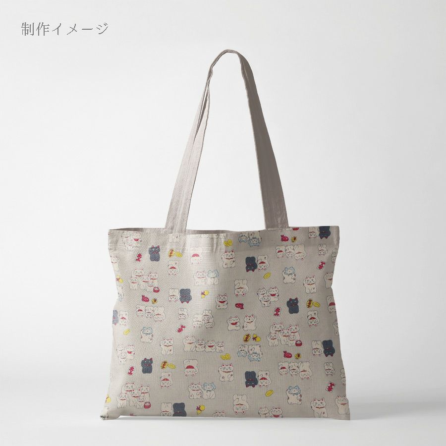 和柄コットン生地 招き猫ファミリー(グレージュ) 10cm単位 切り売り 和風柄ツムギクロス 和調木綿プリント KOKKAコッカまねき猫柄