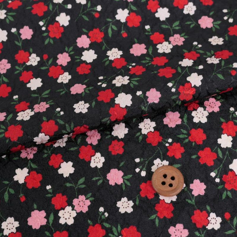 ポリジャガードちりめん生地 可憐な小桜(黒)10cm単位 切り売り ポリエステルチリメンジャカード和調プリント 小花柄 さくら柄