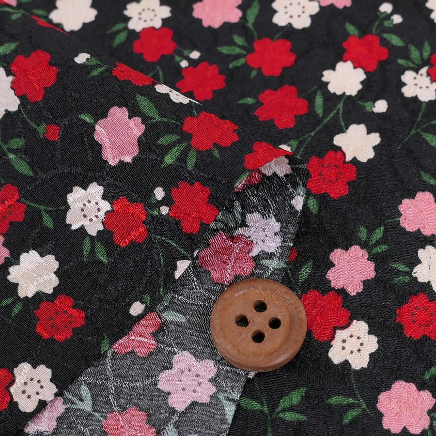 ポリジャガードちりめん生地 可憐な小桜(黒)10cm単位 切り売り ポリエステルチリメンジャカード和調プリント 小花柄 さくら柄