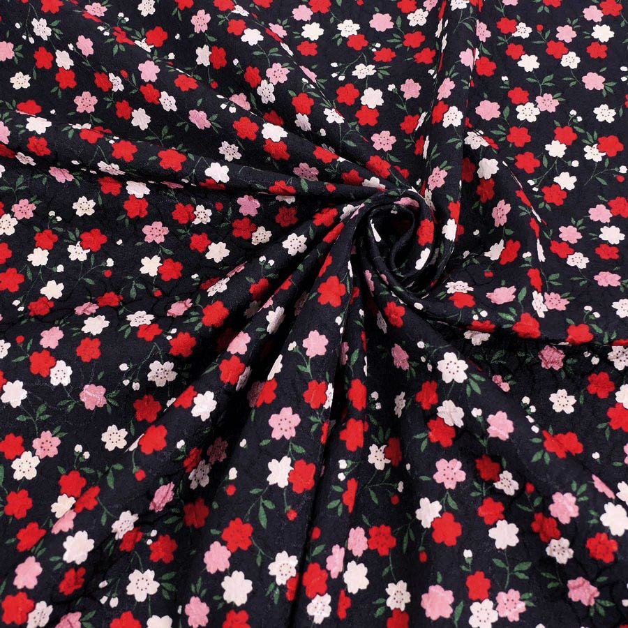 ポリジャガードちりめん生地 可憐な小桜(黒)10cm単位 切り売り ポリエステルチリメンジャカード和調プリント 小花柄 さくら柄