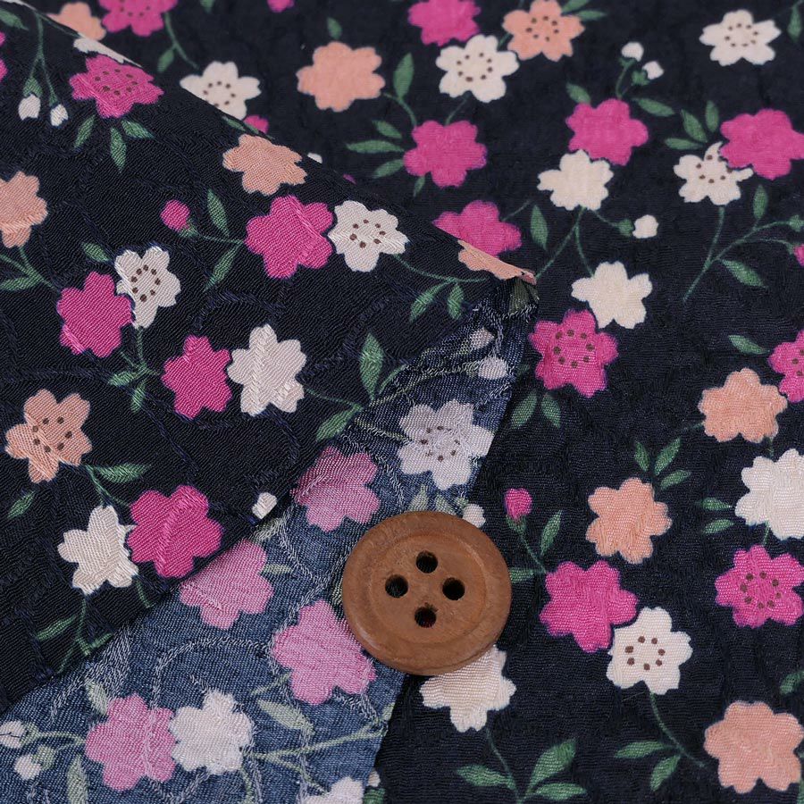 ポリジャガードちりめん生地 可憐な小桜(濃紺)10cm単位 切り売り ポリエステルチリメンジャカード和調プリント 巾着・和小物に