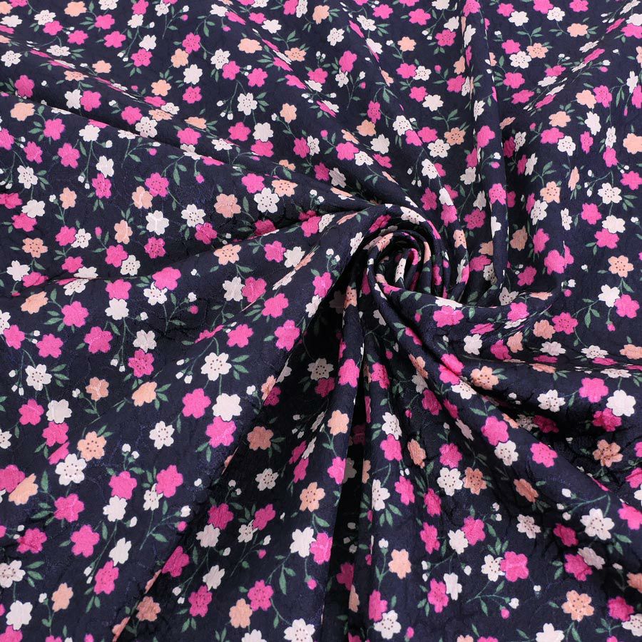 ポリジャガードちりめん生地 可憐な小桜(濃紺)10cm単位 切り売り ポリエステルチリメンジャカード和調プリント 巾着・和小物に