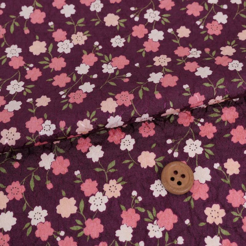 ポリジャガードちりめん生地 可憐な小桜(深紫)10cm単位 切り売り ポリエステルチリメンジャカード 洗える縮緬 衣類や小物作りに