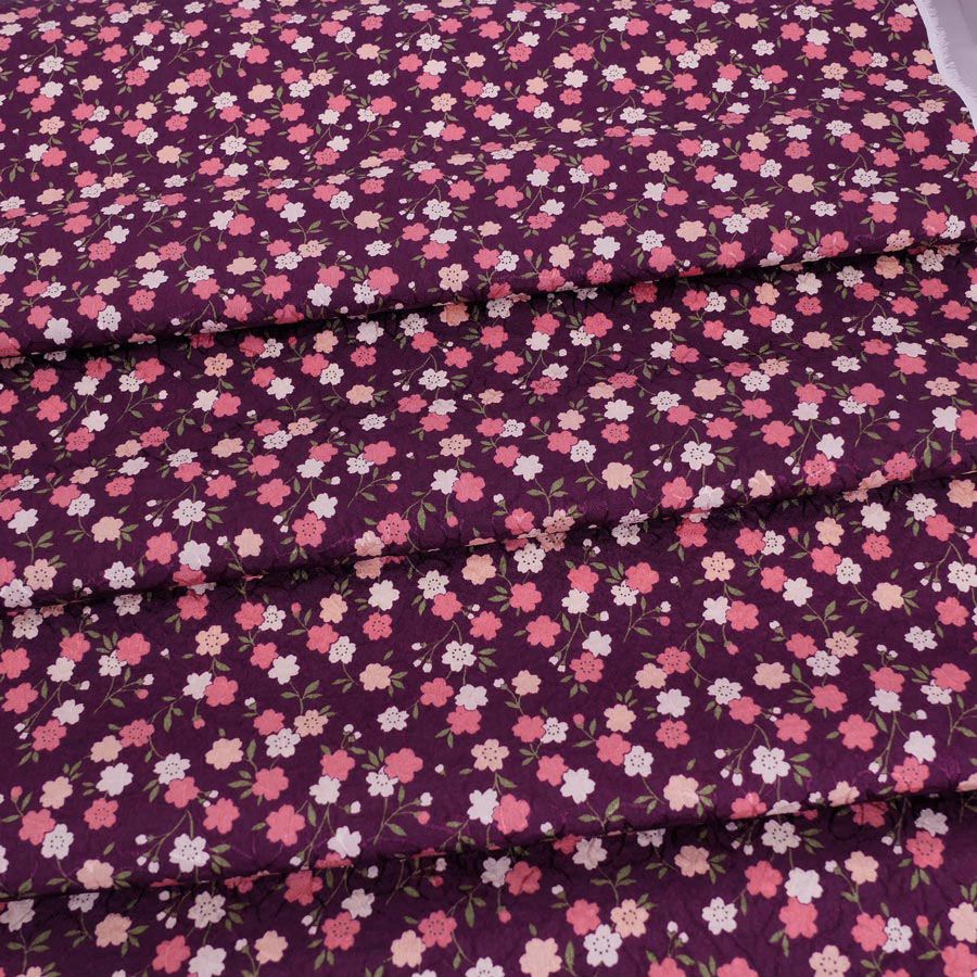 ポリジャガードちりめん生地 可憐な小桜(深紫)10cm単位 切り売り ポリエステルチリメンジャカード 洗える縮緬 衣類や小物作りに