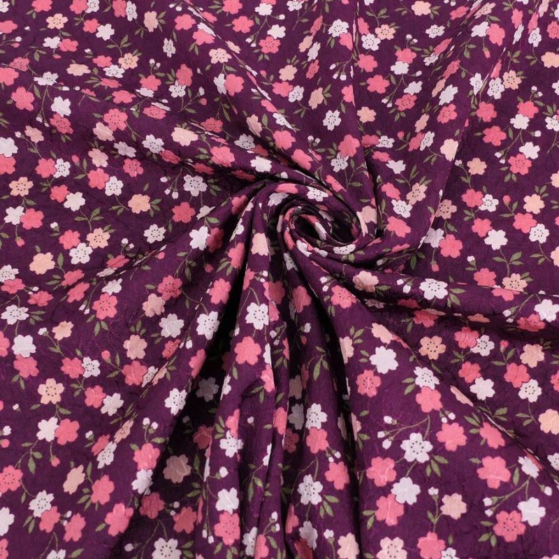 ポリジャガードちりめん生地 可憐な小桜(深紫)10cm単位 切り売り ポリエステルチリメンジャカード 洗える縮緬 衣類や小物作りに