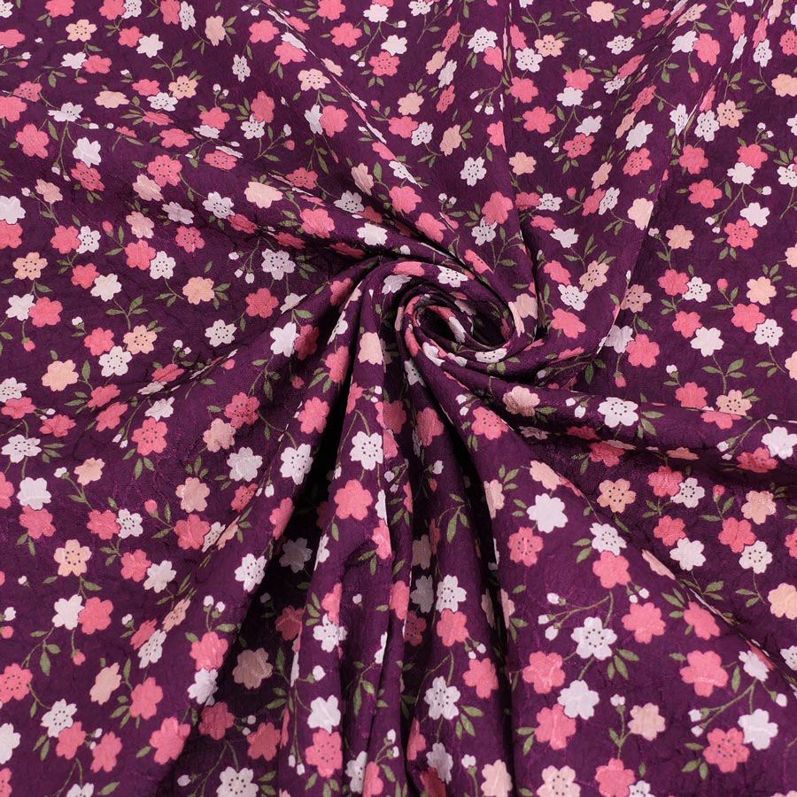 ポリジャガードちりめん生地 可憐な小桜(深紫)10cm単位 切り売り ポリエステルチリメンジャカード 洗える縮緬 衣類や小物作りに