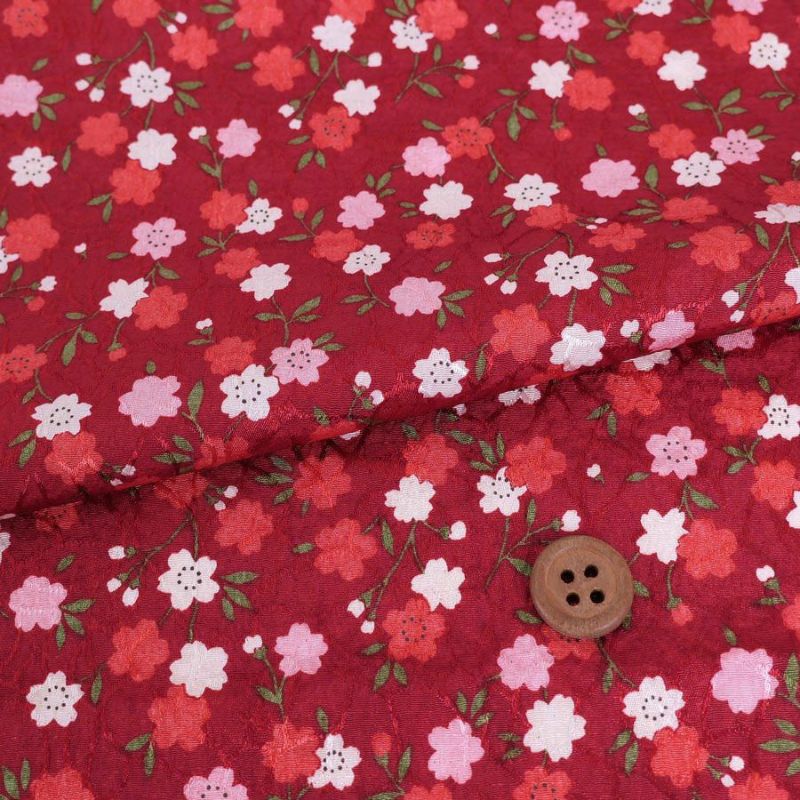 ポリジャガードちりめん生地 可憐な小桜(赤)10cm単位 切り売り チリメンジャカード 和小物・巾着・ポーチに華やかな小花模様
