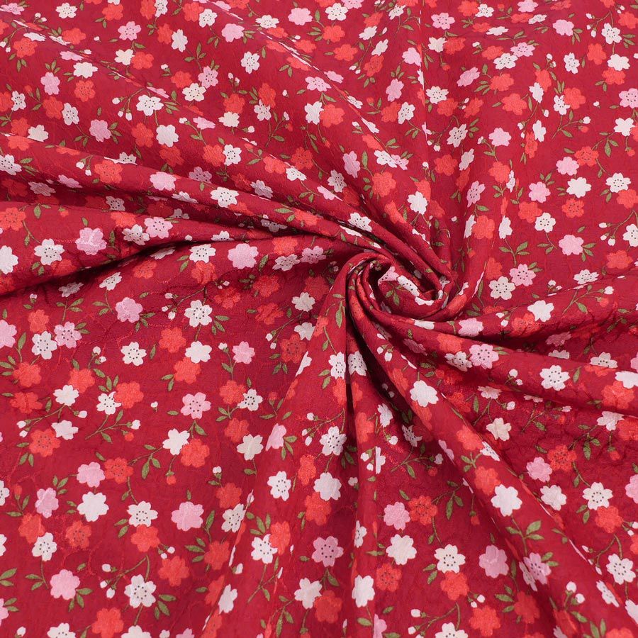 ポリジャガードちりめん生地 可憐な小桜(赤)10cm単位 切り売り チリメンジャカード 和小物・巾着・ポーチに華やかな小花模様