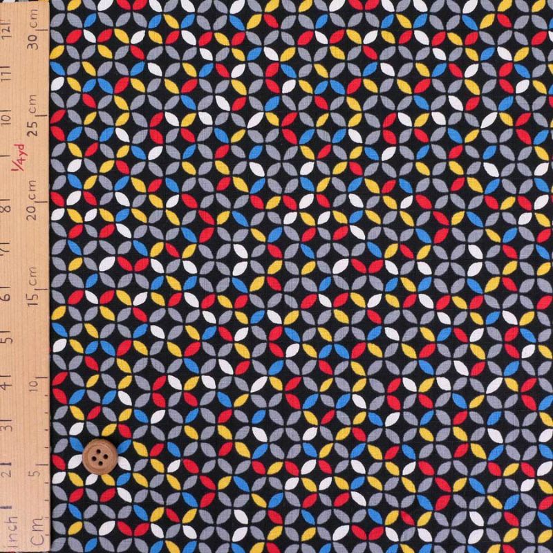 和柄コットン生地 カラフルな七宝柄(黒) 10cm単位 切り売り 小さな七宝模様 モダン和調コットン はんなり豆和柄 ドビークロス