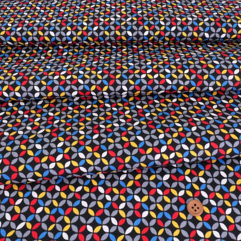 和柄コットン生地 カラフルな七宝柄(黒) 10cm単位 切り売り 小さな七宝模様 モダン和調コットン はんなり豆和柄 ドビークロス