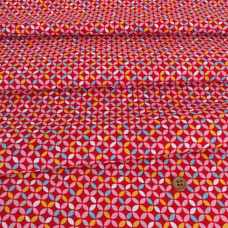 和柄コットン生地 カラフルな七宝柄(赤) 10cm単位 切り売り 可愛い和モダン柄 SEVENBERRYツムギシャンタンはんなり豆和柄