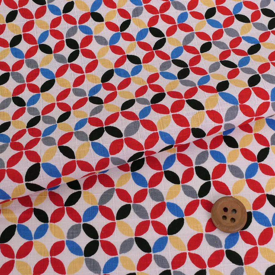 和柄コットン生地 カラフルな七宝柄(白/赤) 10cm単位 切り売り カラフル和モダンデザイン SEVENBERRY七宝繋ぎ柄 小物作りに