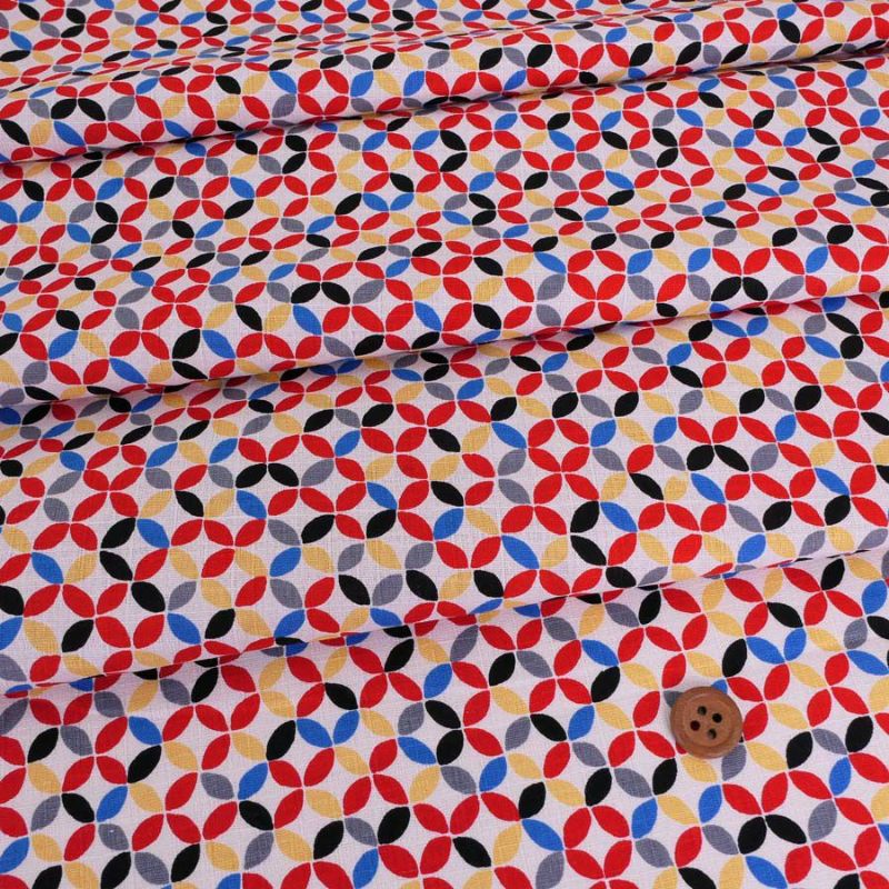 和柄コットン生地 カラフルな七宝柄(白/赤) 10cm単位 切り売り カラフル和モダンデザイン SEVENBERRY七宝繋ぎ柄 小物作りに