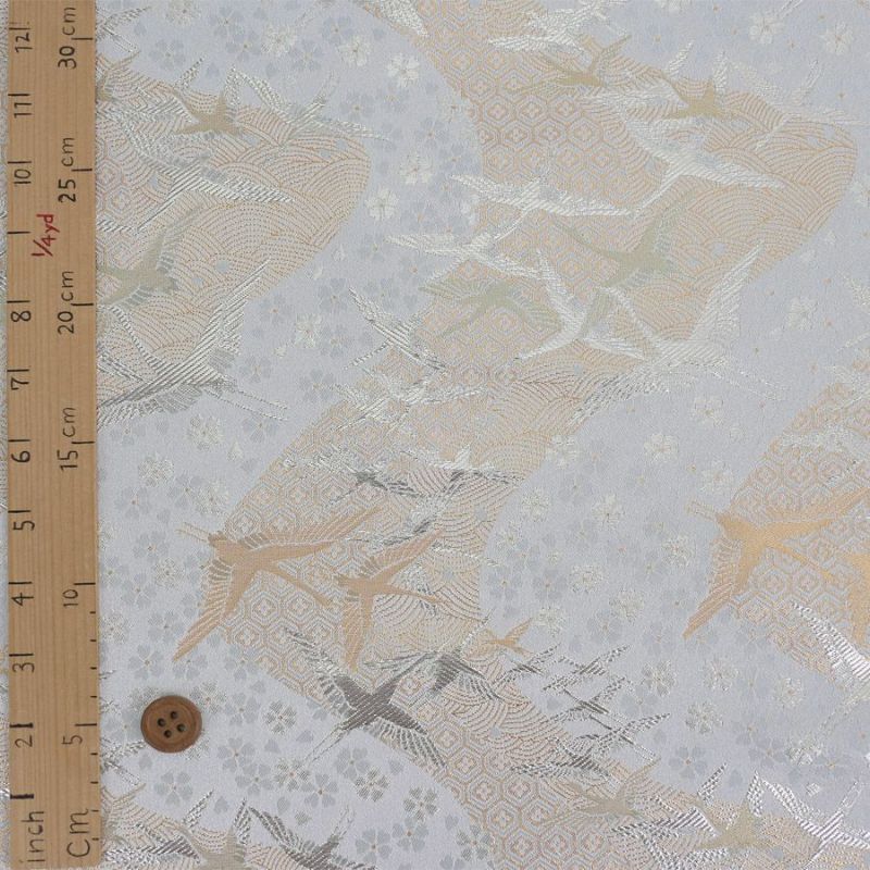 金襴生地(金らん) 吉祥流水に鶴(白銀) 10cm単位 切り売り 吉祥文様の鶴と桜柄上品な西陣織物 慶事の小物やテーブル回りに