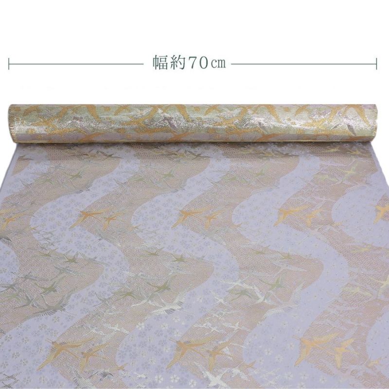 金襴生地(金らん) 吉祥流水に鶴(白銀) 10cm単位 切り売り 吉祥文様の鶴と桜柄上品な西陣織物 慶事の小物やテーブル回りに