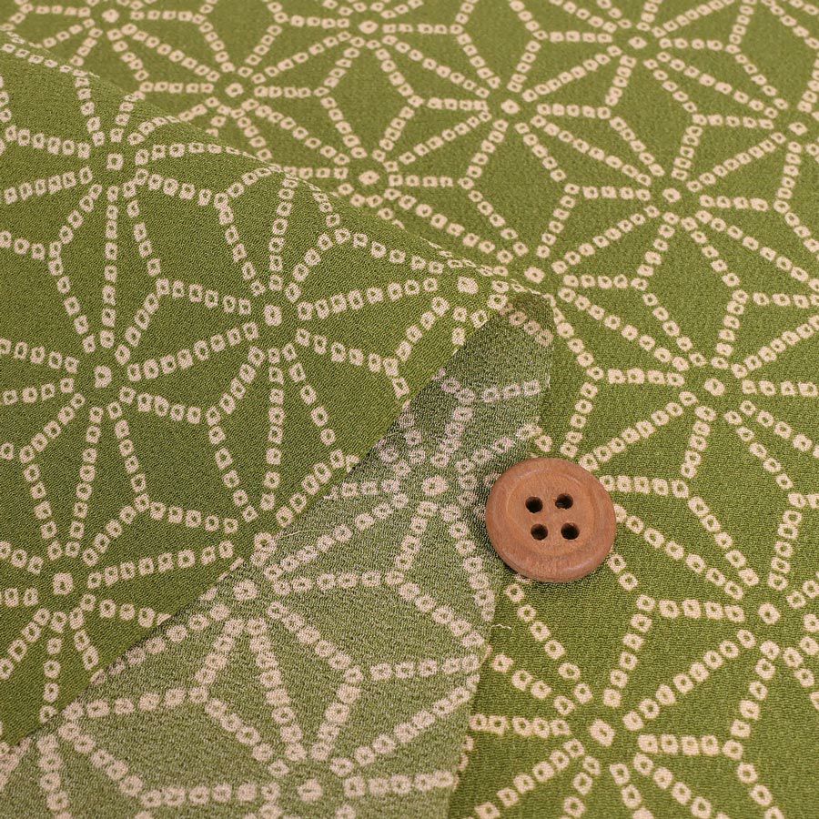 古布調一越ちりめん かのこ麻の葉(抹茶色) 10cm単位 切り売り 麻の葉文様チリメン 麻の葉模様伝統柄 モスグリーン つまみ細工に