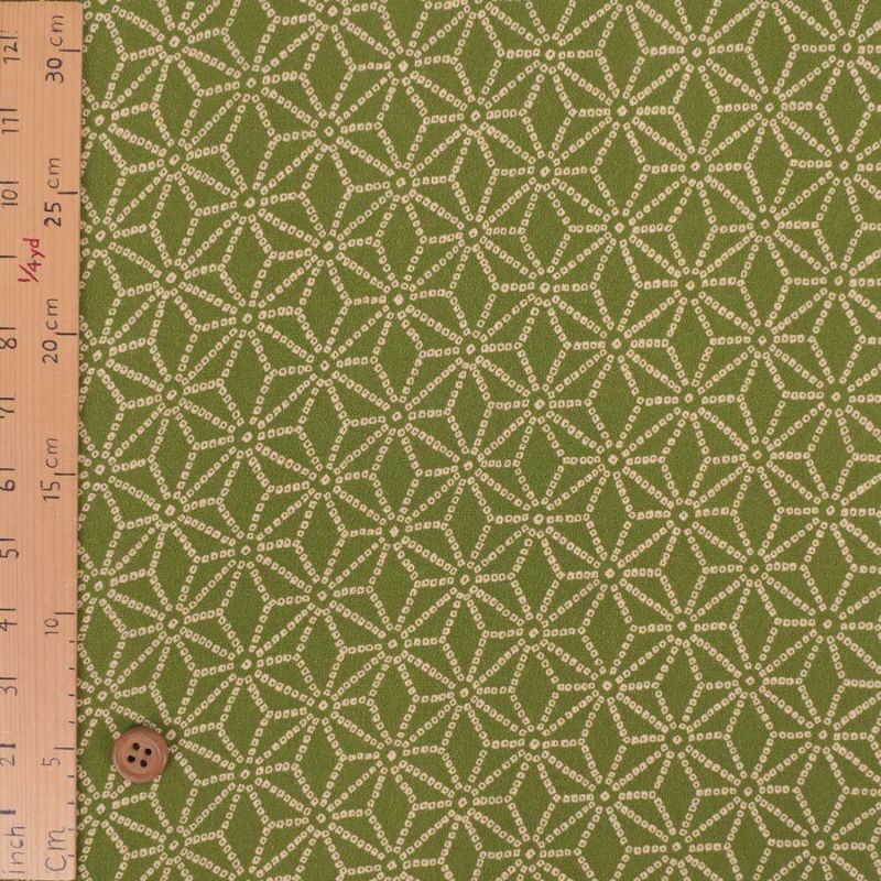 古布調一越ちりめん かのこ麻の葉(抹茶色) 10cm単位 切り売り 麻の葉文様チリメン 麻の葉模様伝統柄 モスグリーン つまみ細工に