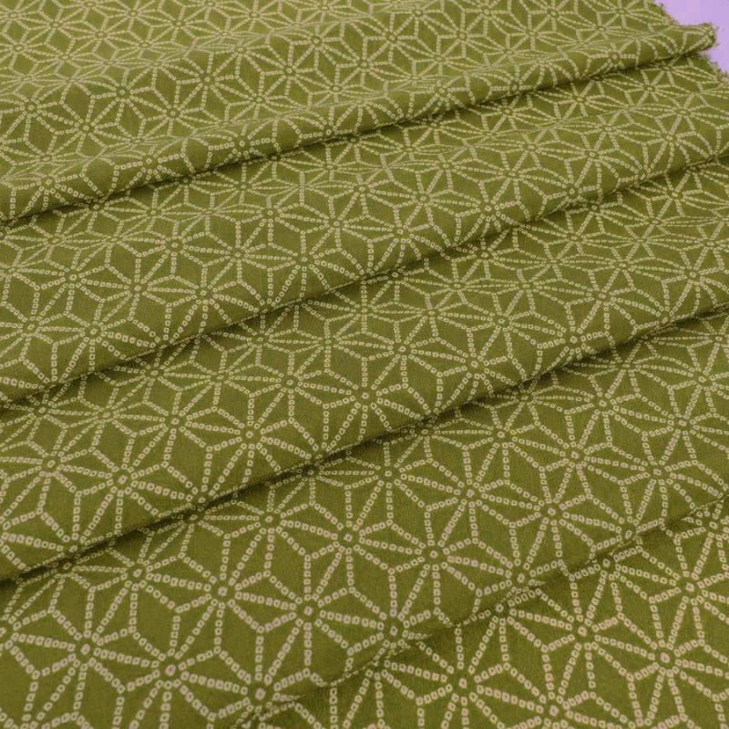 古布調一越ちりめん かのこ麻の葉(抹茶色) 10cm単位 切り売り 麻の葉文様チリメン 麻の葉模様伝統柄 モスグリーン つまみ細工に