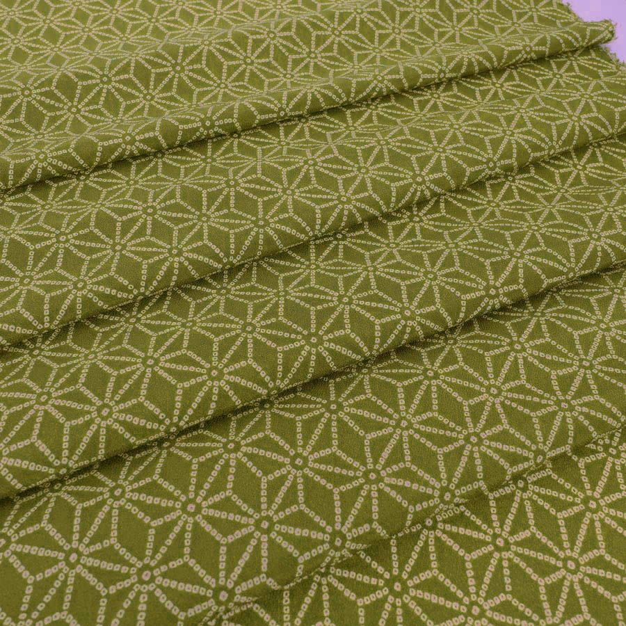 古布調一越ちりめん かのこ麻の葉(抹茶色) 10cm単位 切り売り 麻の葉文様チリメン 麻の葉模様伝統柄 モスグリーン つまみ細工に