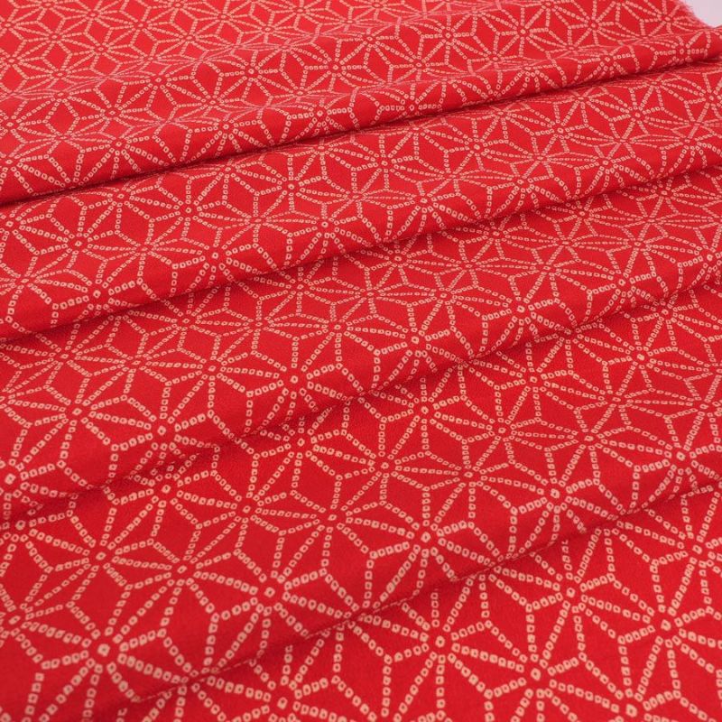 古布調一越ちりめん かのこ麻の葉(朱赤) 10cm単位 切り売り 麻の葉文様チリメン 麻の葉模様伝統柄 レーヨン縮緬 つまみ細工に