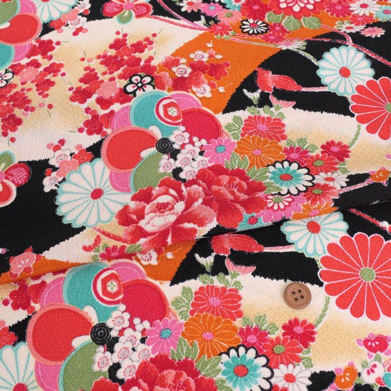 古布再現ちりめん生地 華絵巻 (黒) 10cm単位 切り売り ちりめん手芸や和小物作りに 古布柄の美しさを再現したチリメン