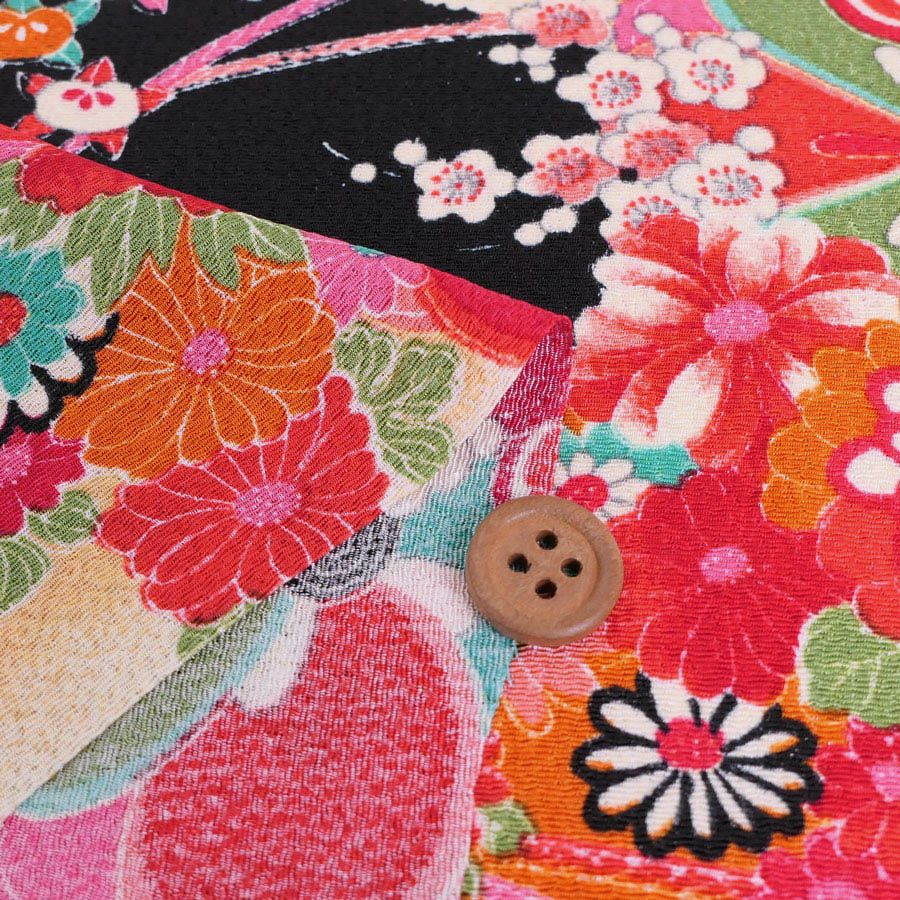 古布再現ちりめん生地 華絵巻 (黒) 10cm単位 切り売り ちりめん手芸や和小物作りに 古布柄の美しさを再現したチリメン