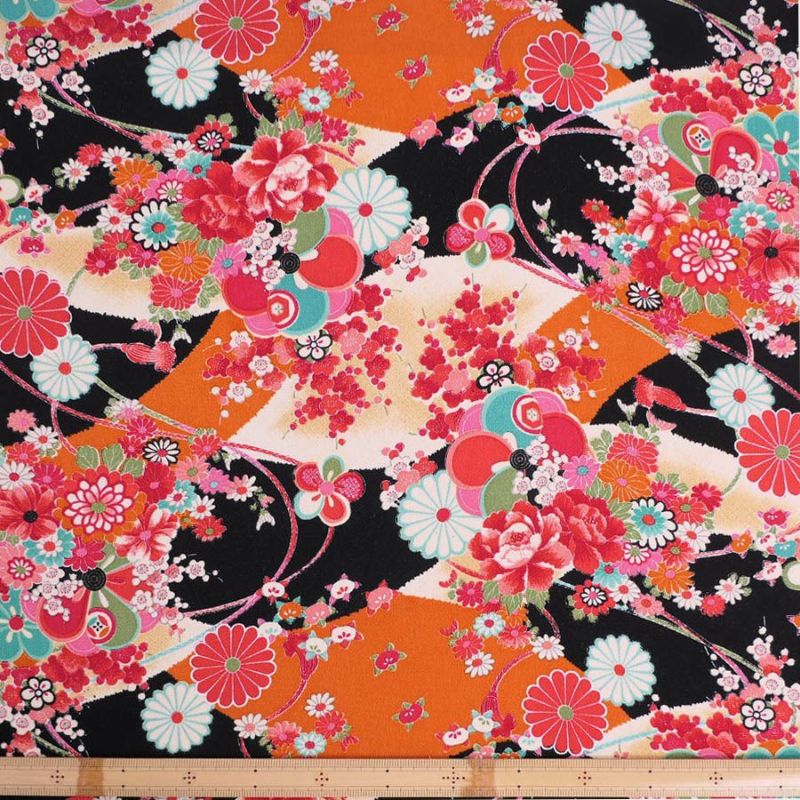 古布再現ちりめん生地 華絵巻 (黒) 10cm単位 切り売り ちりめん手芸や和小物作りに 古布柄の美しさを再現したチリメン