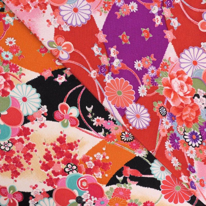 古布再現ちりめん生地 華絵巻 (黒) 10cm単位 切り売り ちりめん手芸や和小物作りに 古布柄の美しさを再現したチリメン