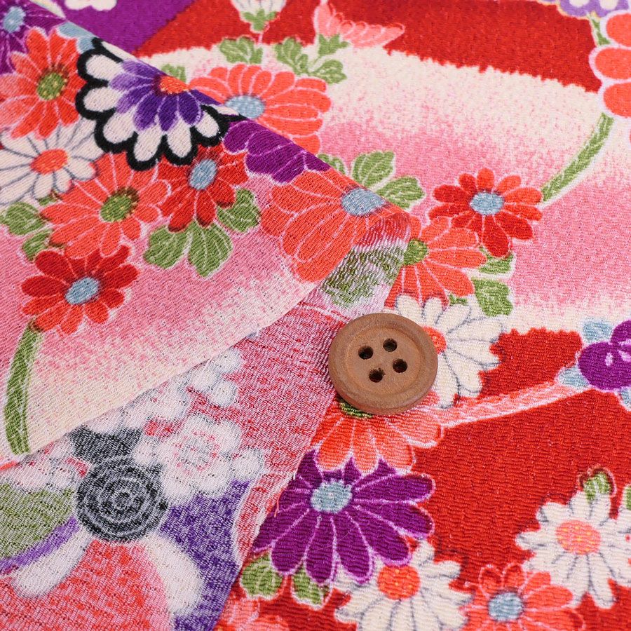 古布再現ちりめん生地 華絵巻 (赤) 10cm単位 切り売り 鮮やかな彩りの手芸用和柄布 ちりめん細工や和雑貨作りに最適