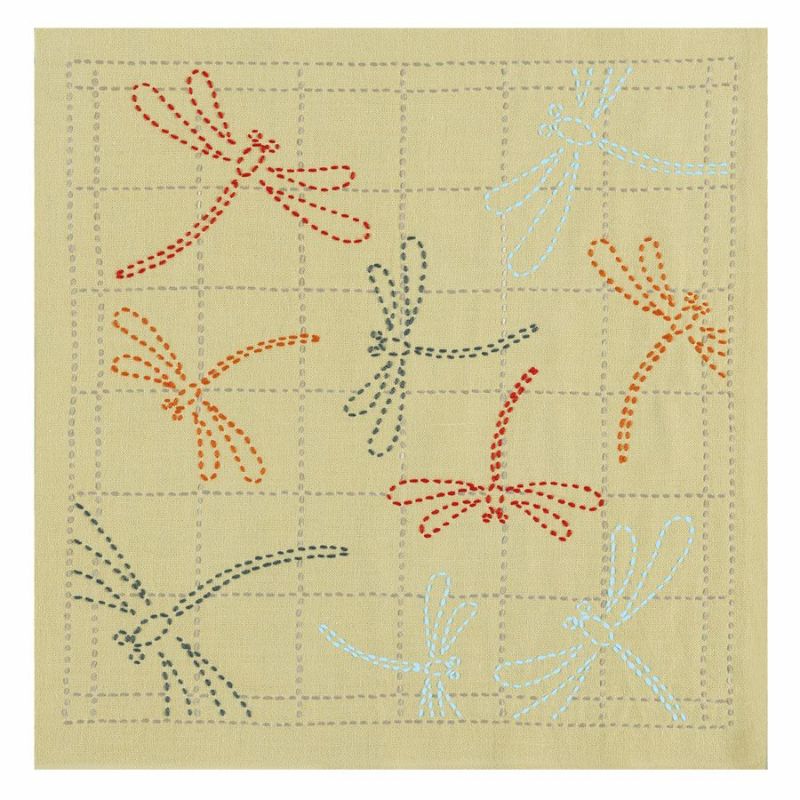 刺し子キット 花ふきん 茜とんぼ(からし) 刺子布巾キット 初心者向き 初級 蜻蛉柄 辛子色 オリムパス製絲