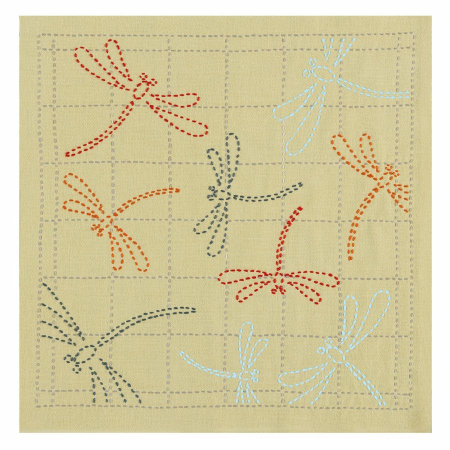 刺し子キット 花ふきん 茜とんぼ(からし) 刺子布巾キット 初心者向き 初級 蜻蛉柄 辛子色 オリムパス製絲