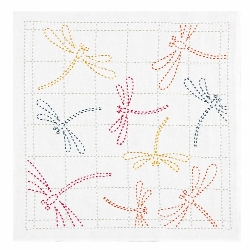 刺し子キット 花ふきん 茜とんぼ(白) さしこ布巾キット 初心者向き トンボ柄 秋の簡単手芸 オリムパス