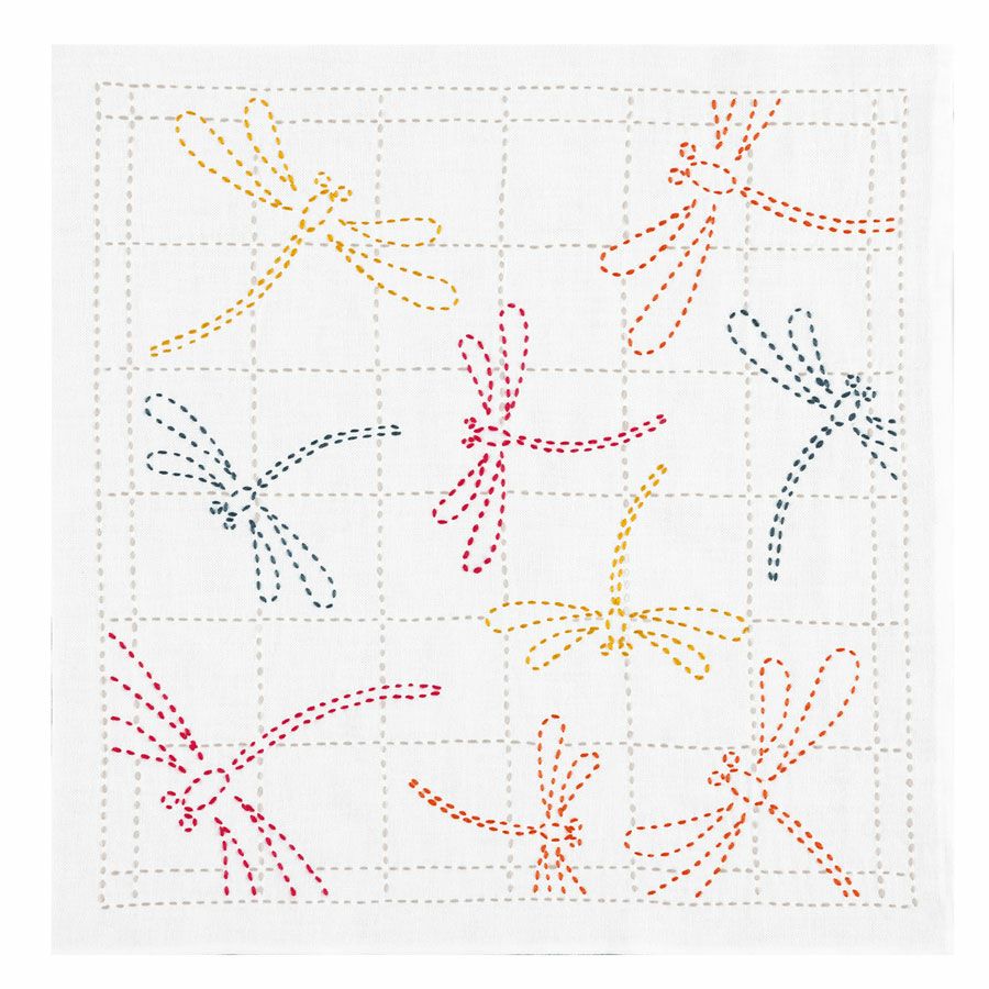 刺し子キット 花ふきん 茜とんぼ(白) さしこ布巾キット 初心者向き トンボ柄 秋の簡単手芸 オリムパス