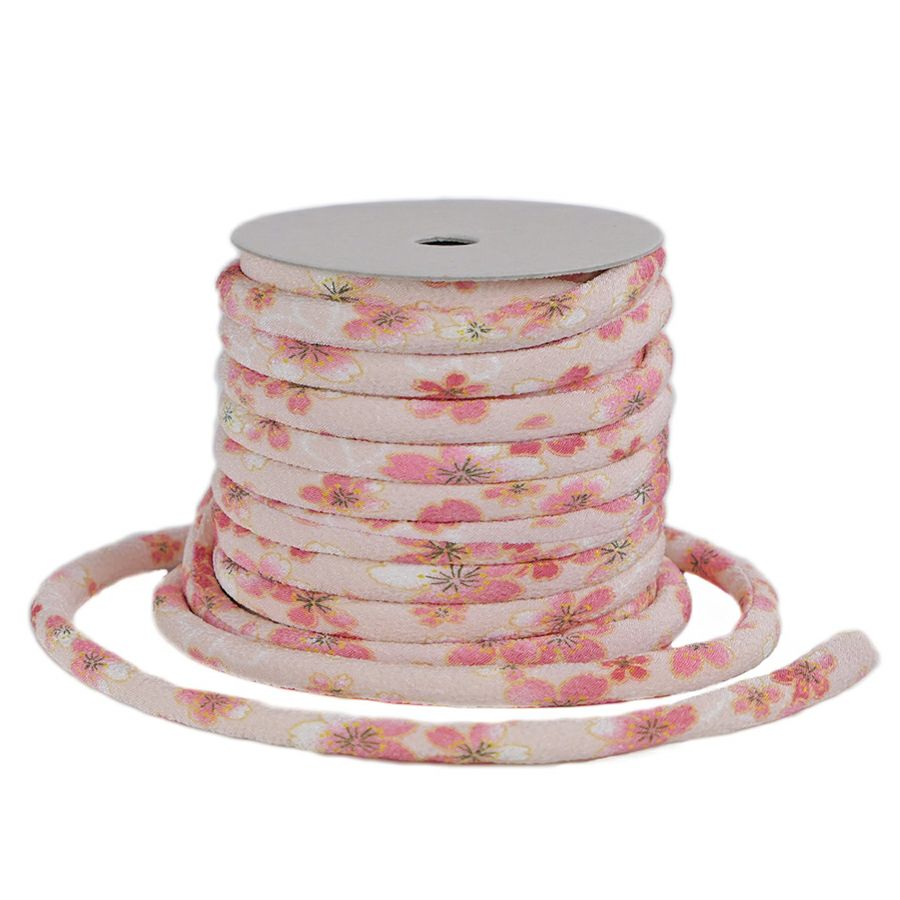 ちりめん丸ひも・柄・8ミリ(実寸約8-10ミリ) おぼろ桜・ピンク 10cm単位 切り売り 和モダンコード 和風紐 可愛い花柄のひも 桜柄縮緬 太い紐和調