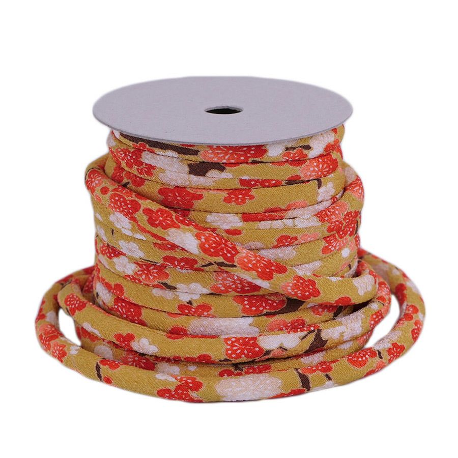 ちりめん丸ひも・柄・8ミリ(実寸約8-10ミリ) 梅すだれ・からし 10cm単位 切り売り 和モダンコード 和風紐 可愛い花柄のひも 梅柄縮緬 太い紐和調