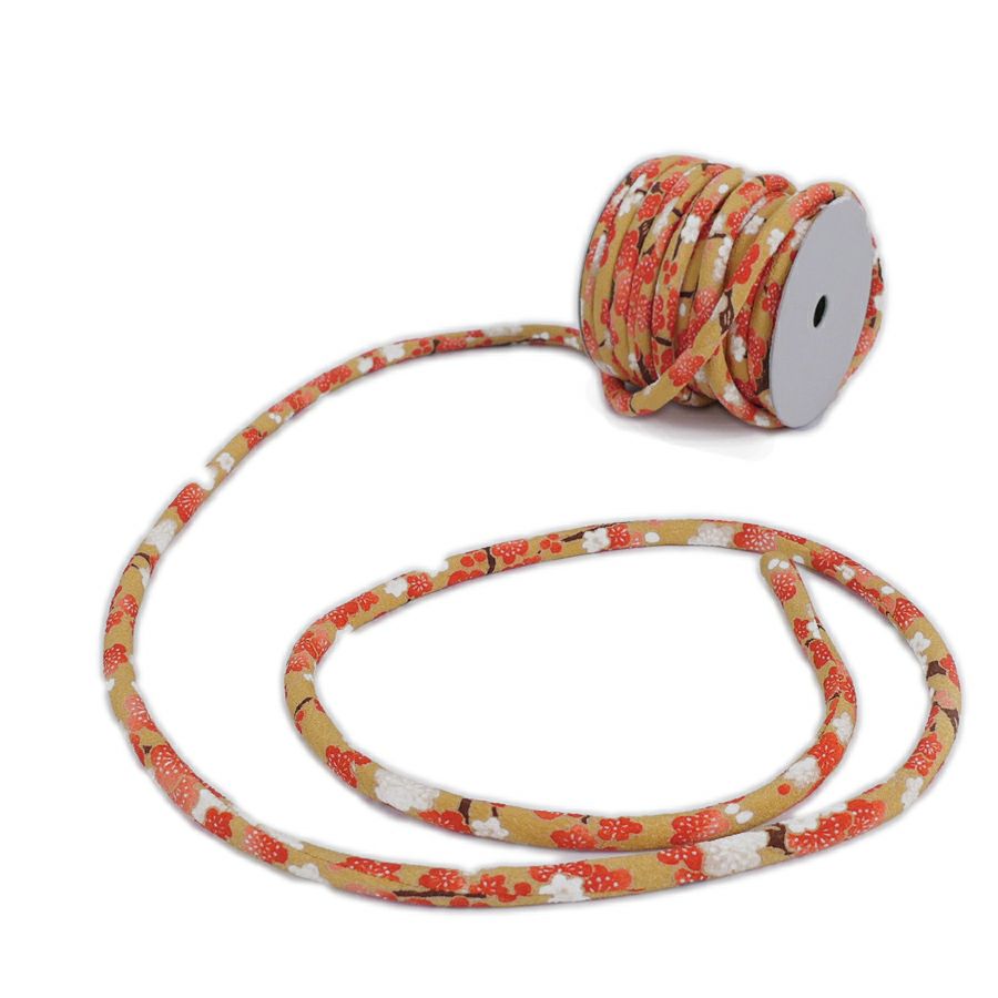 ちりめん丸ひも・柄・8ミリ(実寸約8-10ミリ) 梅すだれ・からし 10cm単位 切り売り 和モダンコード 和風紐 可愛い花柄のひも 梅柄縮緬 太い紐和調