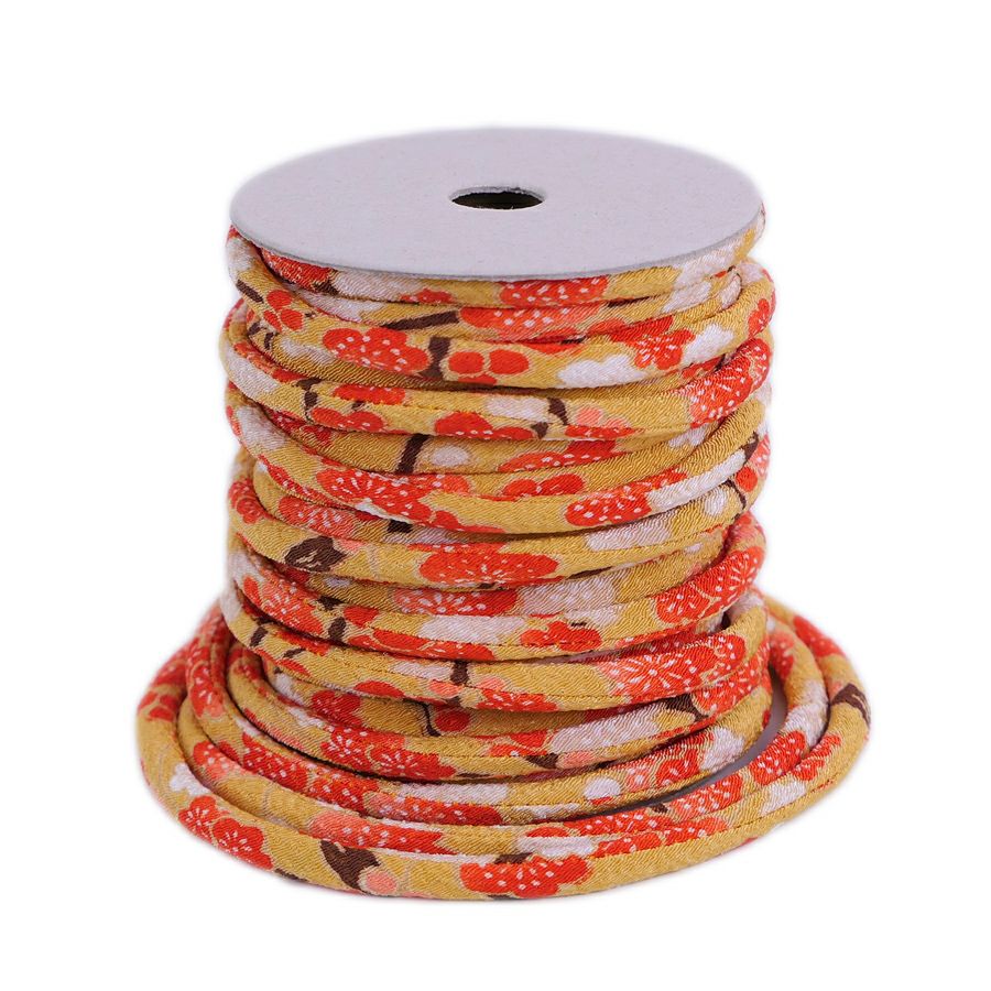 ちりめん丸ひも・柄・4ミリ(実寸約4-6ミリ) 梅すだれ・からし 10cm単位 切り売り 和装髪飾りひも 和柄コード 和の紐 チリメン生地のヒモ 梅柄黄色