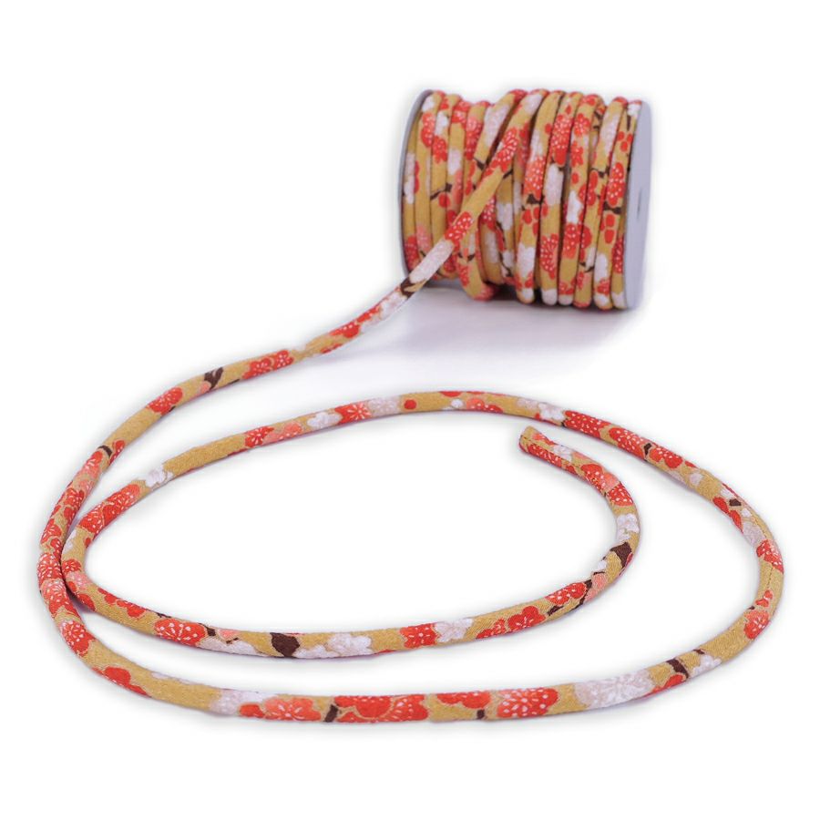 ちりめん丸ひも・柄・4ミリ(実寸約4-6ミリ) 梅すだれ・からし 10cm単位 切り売り 和装髪飾りひも 和柄コード 和の紐 チリメン生地のヒモ 梅柄黄色