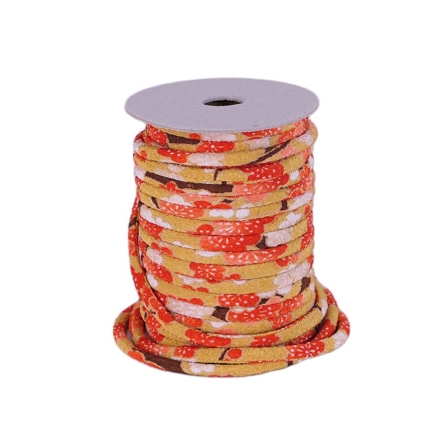 ちりめん丸ひも・柄・3ミリ(実寸約3-4ミリ) 梅すだれ・からし 10cm単位 切り売り 縮緬丸紐 和のひも 和風コード花柄 マスタードカラー クラフトに