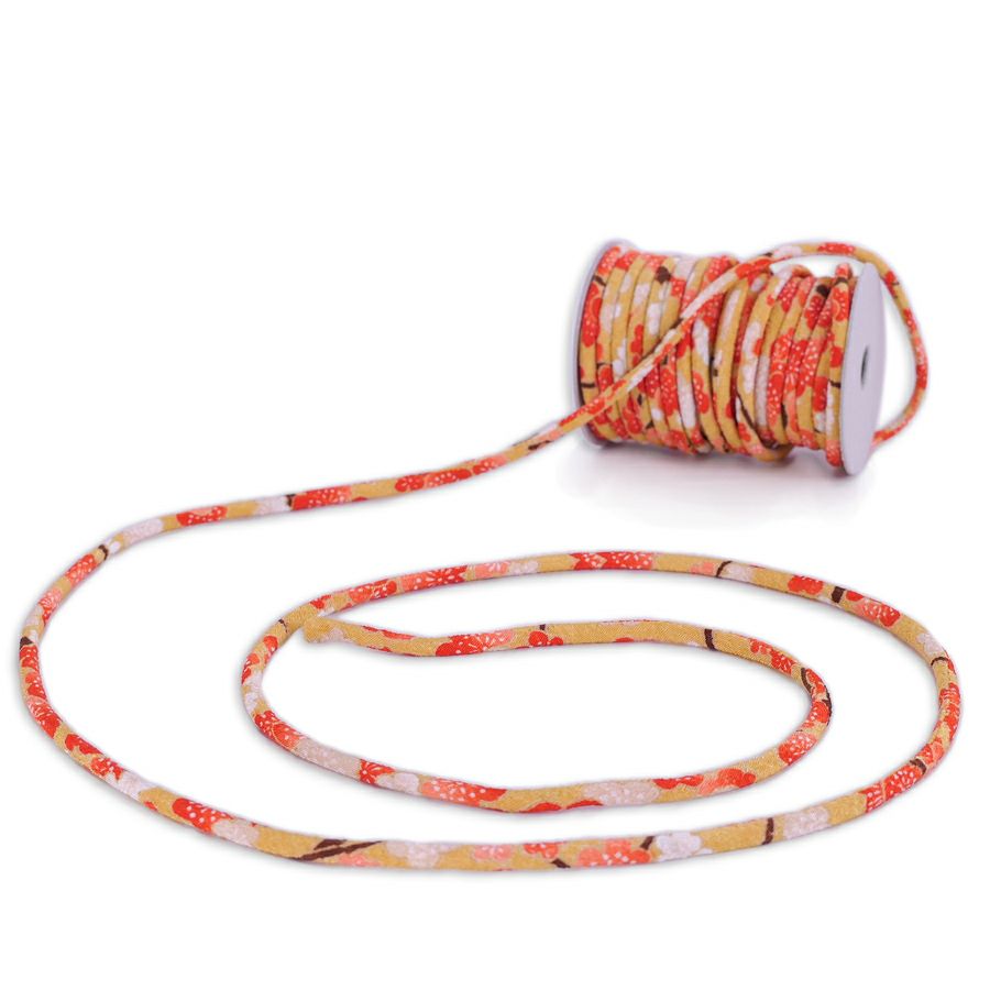 ちりめん丸ひも・柄・3ミリ(実寸約3-4ミリ) 梅すだれ・からし 10cm単位 切り売り 縮緬丸紐 和のひも 和風コード花柄 マスタードカラー クラフトに